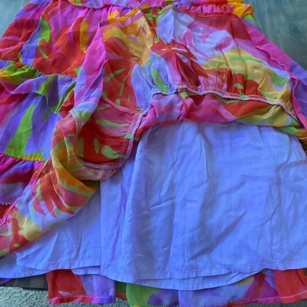 Farm Rio Colorful leaves halter ruffle tiered dress beaded tie XS EX cond - Picture 9 of 12